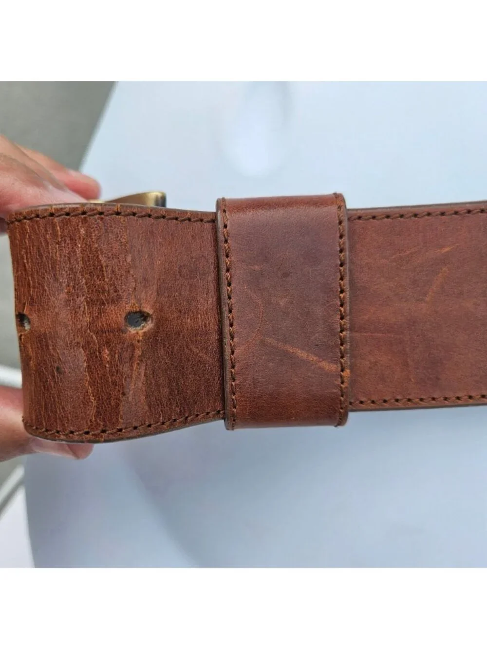 DKNY Donna Karan Wide Brown Leather Belt Brass Buckle Italy Sz L 31-36
